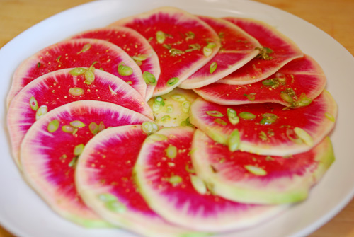 watermelon radishes with simple vinaigrette and scallions